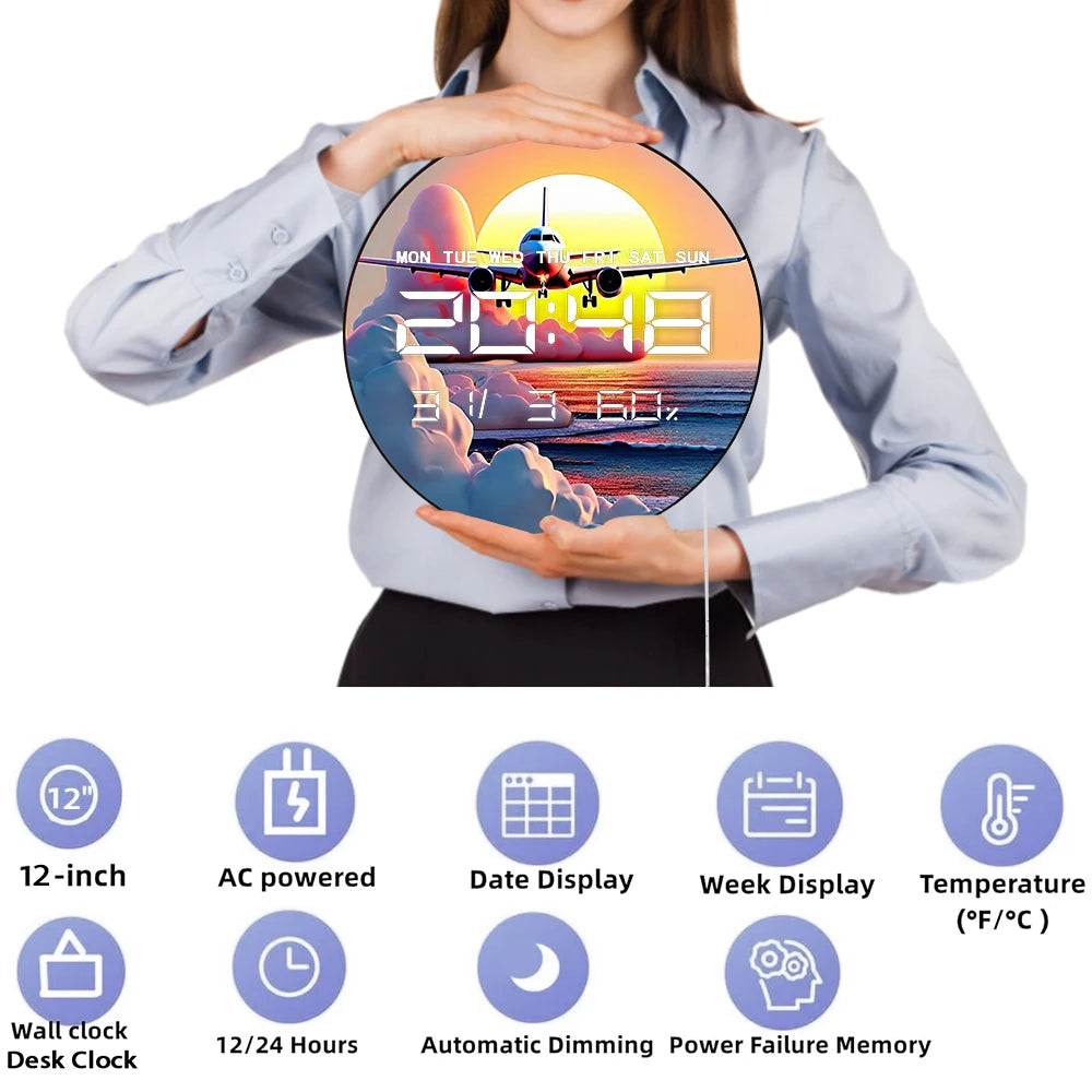 Airplane Take Off with Cloud at Sunset Auto Dimming LED Digital Wall Clock with Calendar Temperature 12/24hr Electric Wall Clock