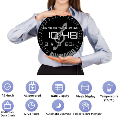 G-clef Music Notes LED Auto Dimming Digital Wall Clock Round Piano Keyboard Electronic Wall Clock Large Numeric Display Clock