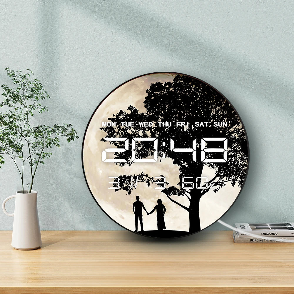 Valentines Silhouette Full Moon LED Digital Clock Timer with Calendar Date Temperature Romantic Home Decor Electronic Wall Clock