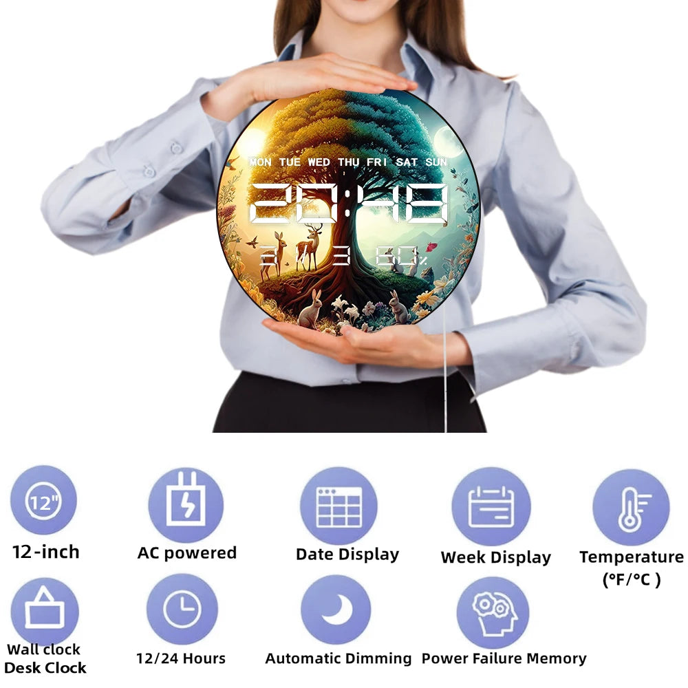 Circle of Life Aniamls Fairyland LED Digital Wall Clock with Calendar Temperature Auto Dimming 12/24hr Format Electronic Clock