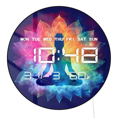 Yoga Woman With Lotus Flowers LED Digital Wall Clock with Timer Date Temperature Display Chakra Gradient Electronic Wall Clock