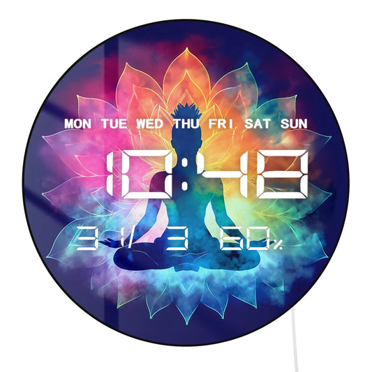 Yoga Woman With Lotus Flowers LED Digital Wall Clock with Timer Date Temperature Display Chakra Gradient Electronic Wall Clock