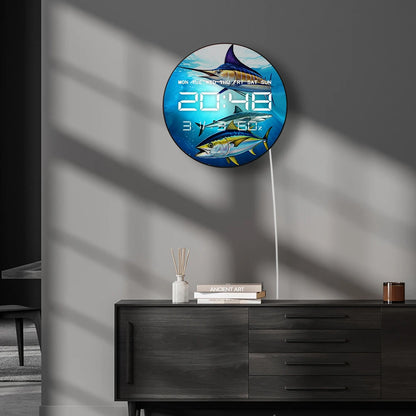 Shark Tuna Kingfish LED Digital Wall Clock with Calendar Date Temperature Atlantic Blue Marlin Art 12/24hr Electronic Wall Clock