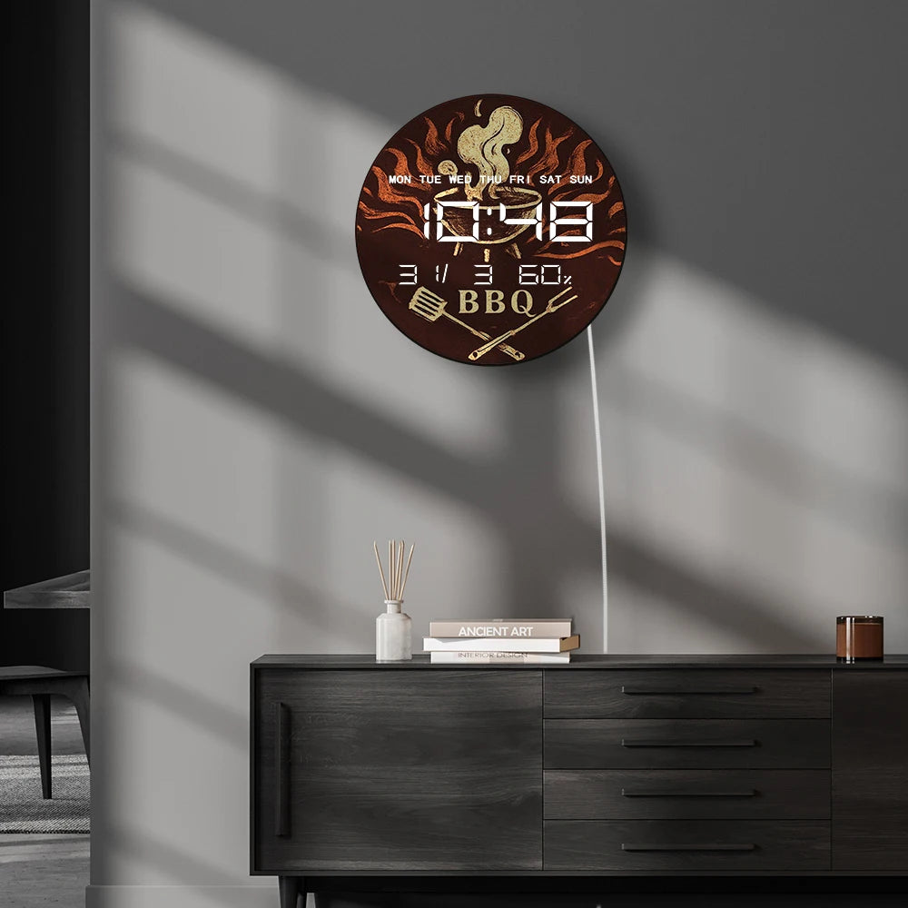 BBQ Grill Barbeque Electronic Wall Clock Large LED Numeric Display with Calendar Date Temperature Humidity 12/24hour Format