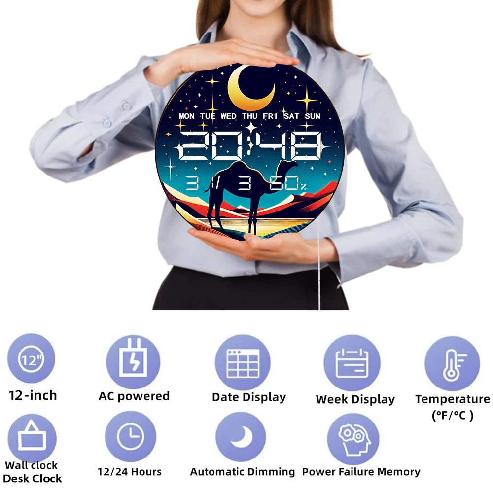 Camel with Crescent Moon LED Digital Wall Clock Gold Accents Desert Home Decor 12/24hr Electronic Wall Clock with Calendar Date