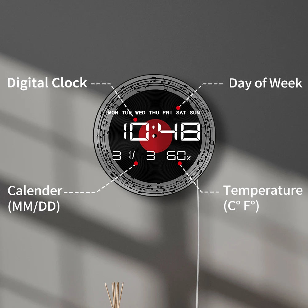 Retro Viny Record With Music Notes Electric Wall Clock Large Numeric Display Musical Home Decor LED Digital Clock Wall Desk Use