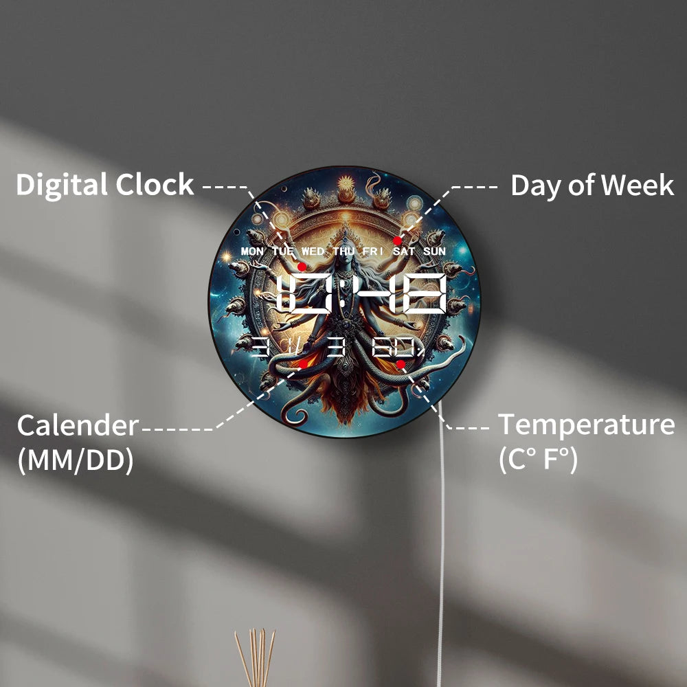 Hindu Deity Shiva Digital Wall Clock with LED Display Calendar Temperature Auto  Dimming 12/24hr Format Electronic Wall Clock