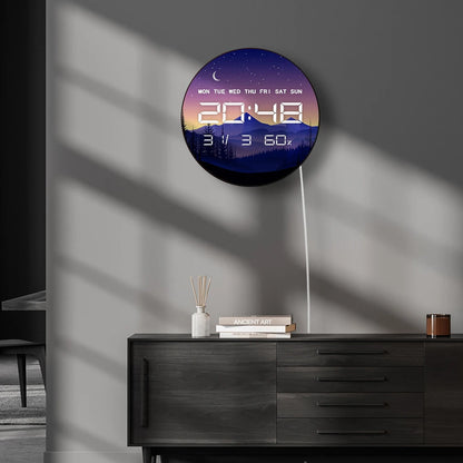 Mountain Forest Night Landscape LED Digital Wall Clock Timer Crescent Starry Sky Multifunctional 12/24hr Electronic Wall Clock
