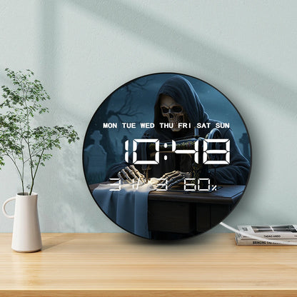 Grim Reaper using Sewing Machine LED Digital Wall Clock with Calendar Temperature Dark Fantasy Home Decor Electronic Wall Clock