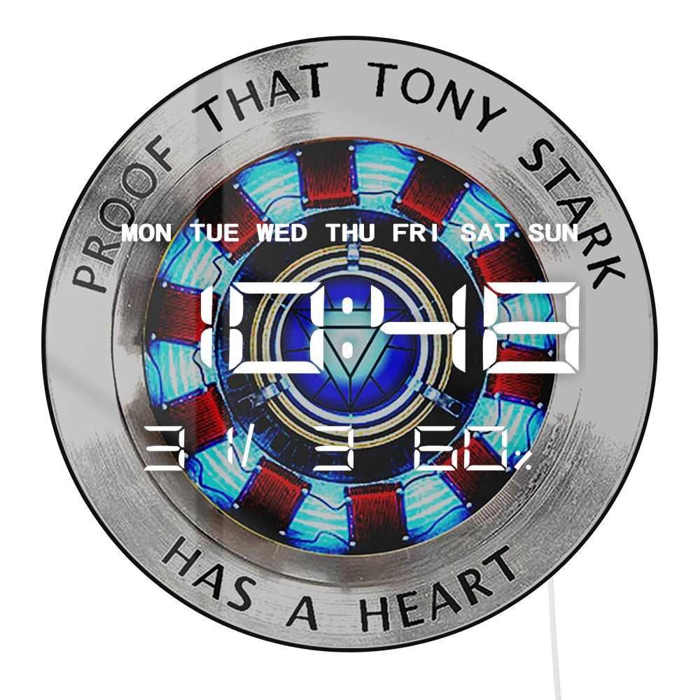 Proof That Tony Stark Has a Heart LED Digital Wall Clock For Teenage Room Superhero Arc Reactor Modern Electronic Wall Clock