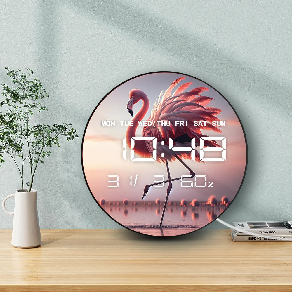 Tropical Lake Bird Dancing Flamingo LED Digital Wall Clock with Calendar Temperature Auto Dimming 12/24hr Electronic Wall Clock