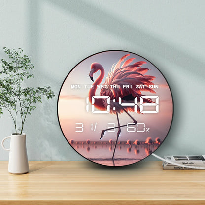 Tropical Lake Bird Dancing Flamingo LED Digital Wall Clock with Calendar Temperature Auto Dimming 12/24hr Electronic Wall Clock