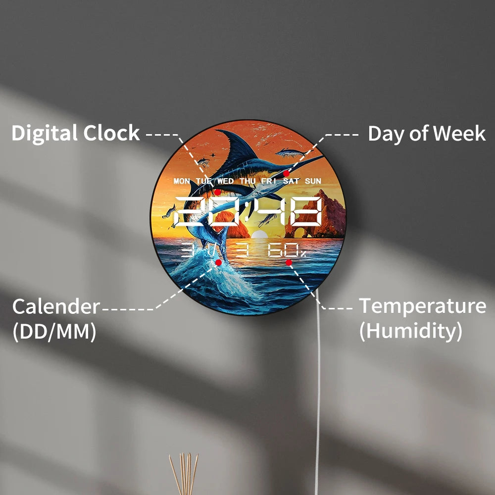 Fishing Blue Marlin LED Digital Clock Timer Jumping Sailfish Home Decor Multifunctional Electronic Wall Clock Fisherman's Gift