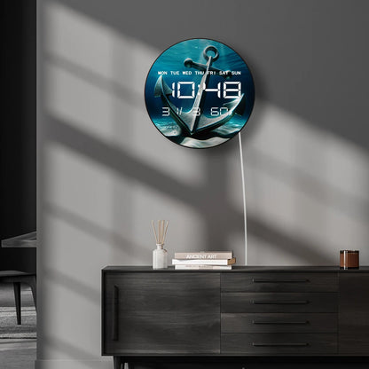 Nautical Ship Anchor LED Digital Wall Clock Undersea Home Decor 12/24hr Electronic Wall Clock with Calendar Date Temperature