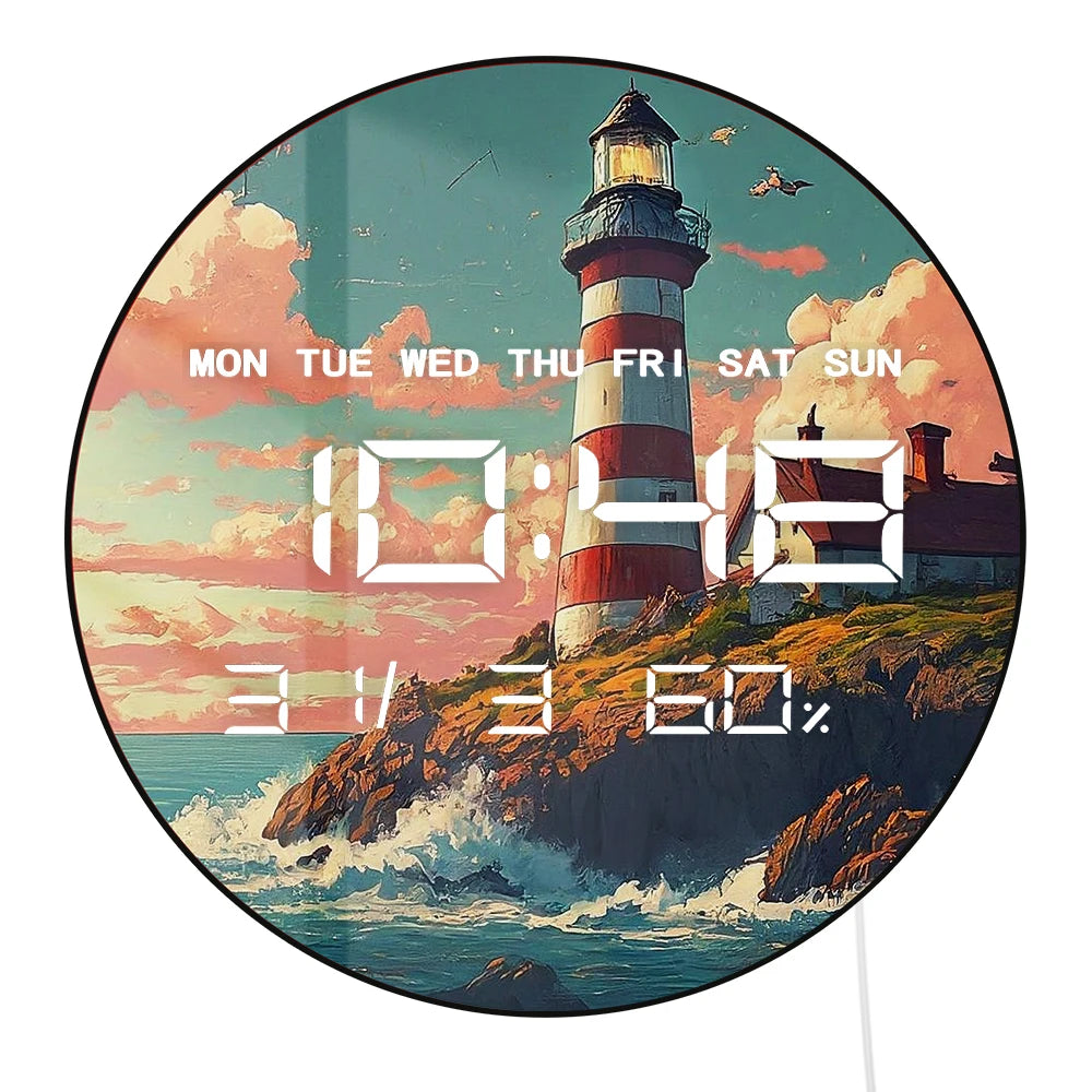 Nautical Lighthouse LED Digital Wall Clock with Calendar Date Temperature for Beach House 12/24hour Format Electronic Wall Clock