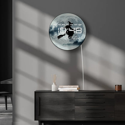 Witch Flying Full Moon Electronic Wall Clock Large Number Display Halloween Home Decor Gothic Fantasy Artwork Digital Wall Clock