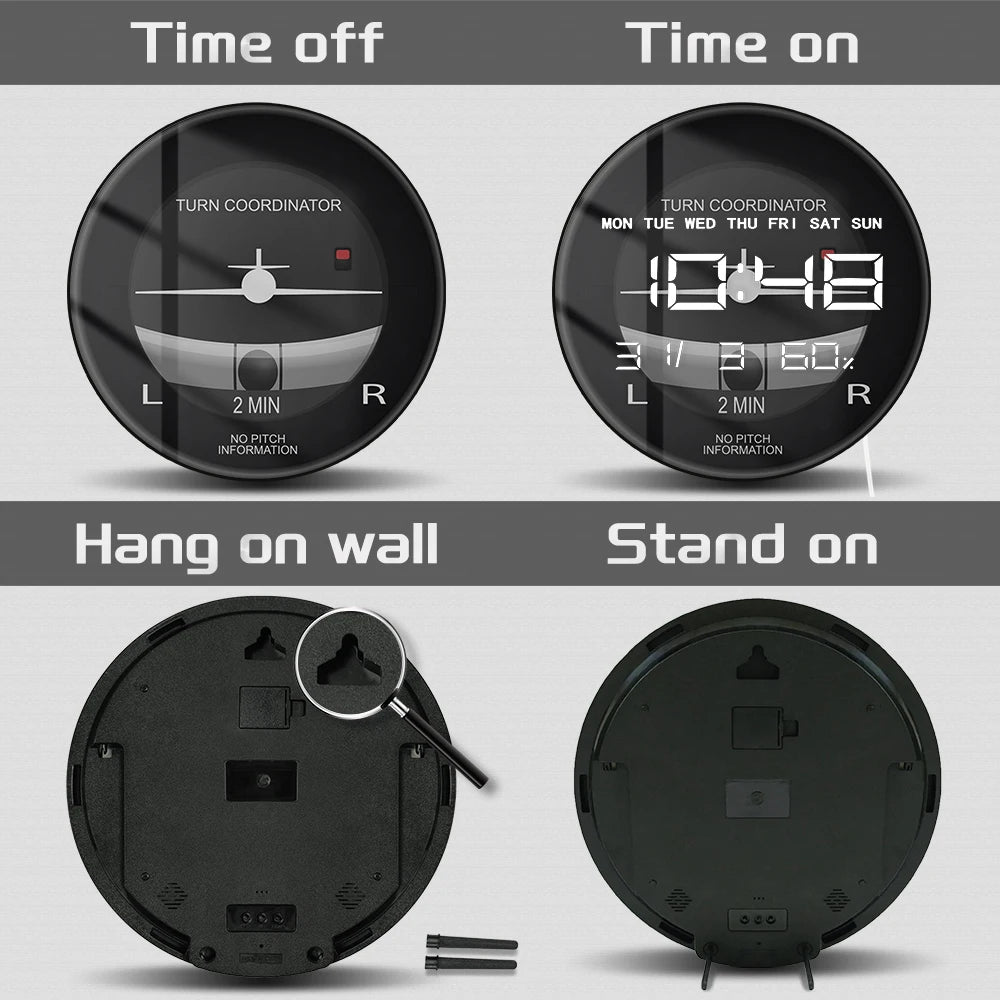 Helicopter Airplane Turn Coordinator LED Digital Wall Clock Flight Instrument Aviation Pilot Electronic Clock Wall & Desk Use