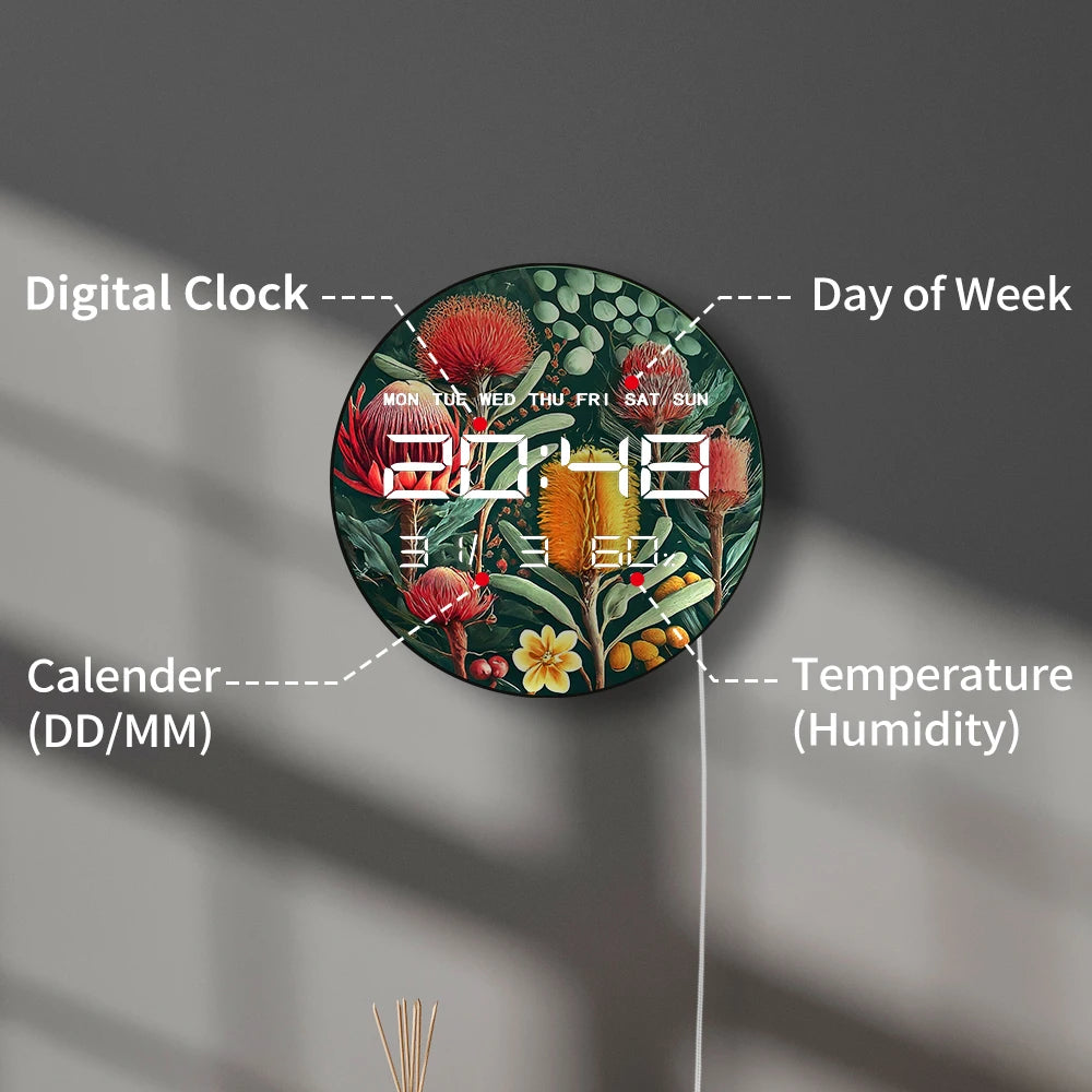 Australian Wildflower Floral Art Dual Purpose Digital Wall Desk Clock Botanical Home Decor 12/24hr Timer Electronic Wall Clock