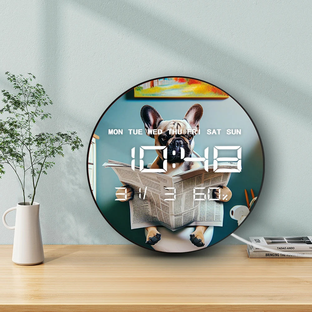French Bulldog Reading Newspaper On Toilet Auto Dimming LED Digital Wall Clock with Electric Timer Date Temperature 12/24hour