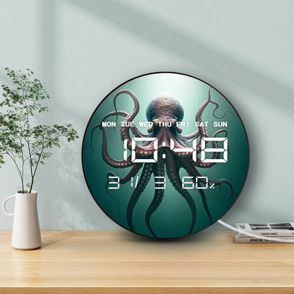 Octopus with Eight Tentacles Digital Wall Clock with LED Display Calendar Temperature Auto Dimming 12/24hr Electronic Wall Clock