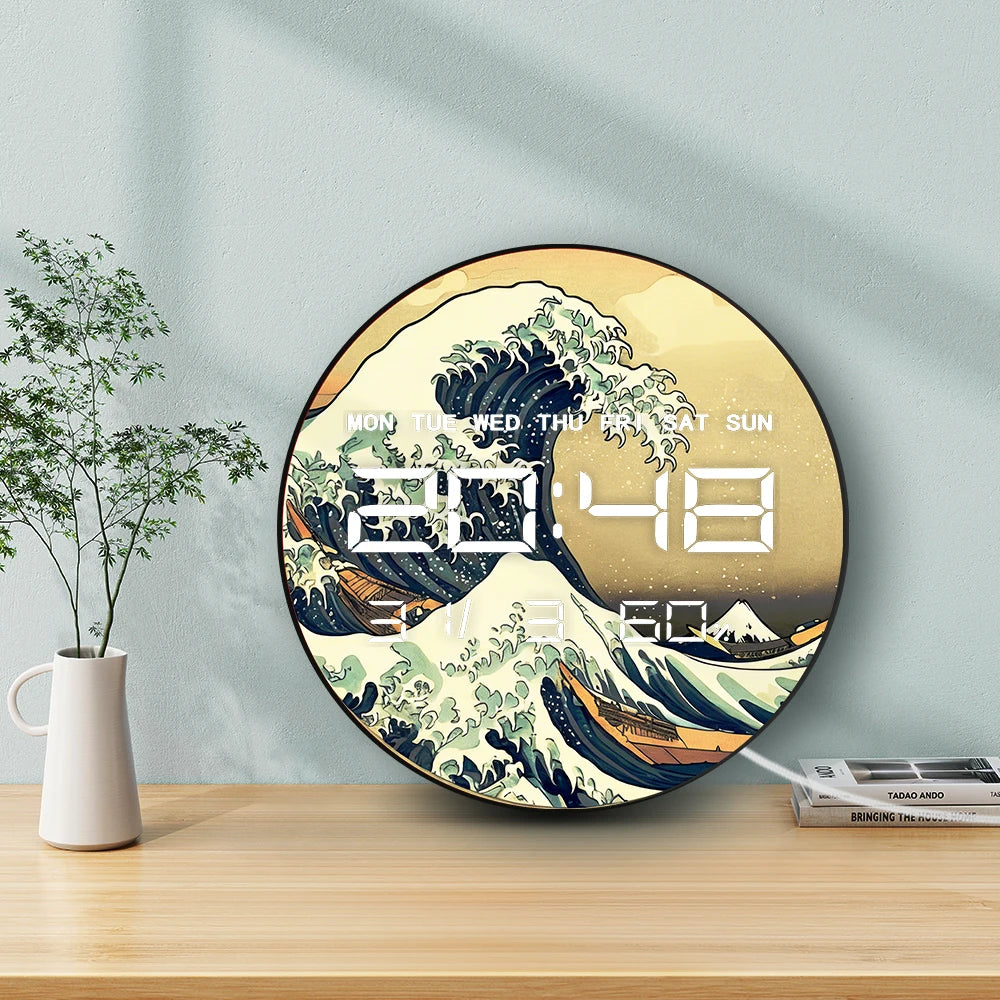 The Great Wave Large Electronic Wall Clock Retro Japanese Home Decor LED Digital Wall Clock Timer with Temperature Calendar Date