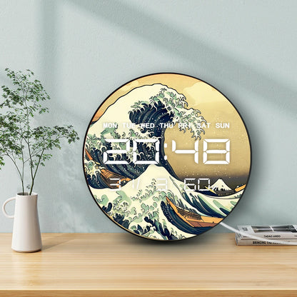 The Great Wave Large Electronic Wall Clock Retro Japanese Home Decor LED Digital Wall Clock Timer with Temperature Calendar Date