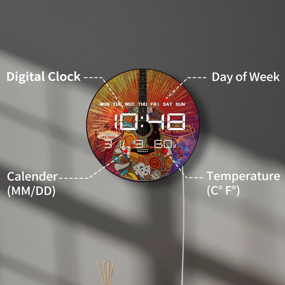 Las Vegas Psychedelic Acoustic Guitar Multifunctional LED Digital Wall Clock Big Display Auto Dimming Electronic Wall Desk Clock