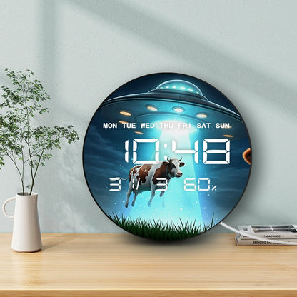 Cow Abduction UFO Digital Wall Clock with LED Display Calendar Temperature Alien Space Sci-Fi Home Decor Electric Wall Clock