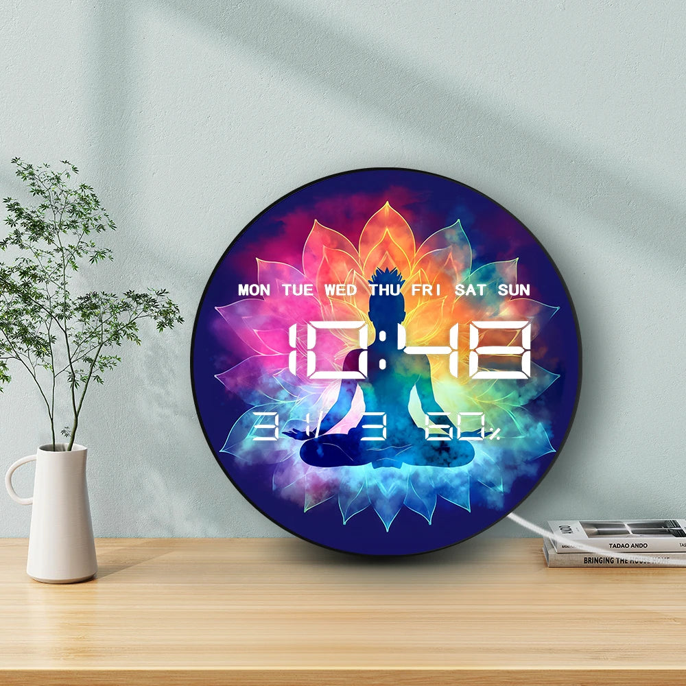 Yoga Woman With Lotus Flowers LED Digital Wall Clock with Timer Date Temperature Display Chakra Gradient Electronic Wall Clock