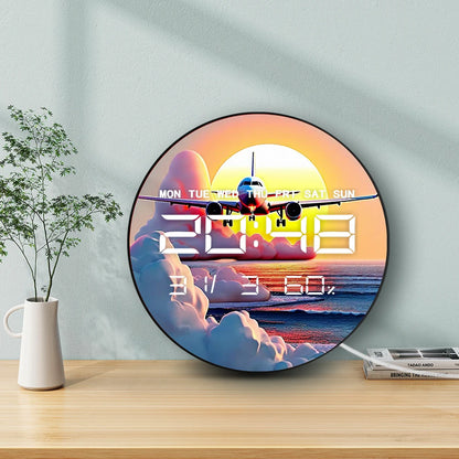 Airplane Take Off with Cloud at Sunset Auto Dimming LED Digital Wall Clock with Calendar Temperature 12/24hr Electric Wall Clock