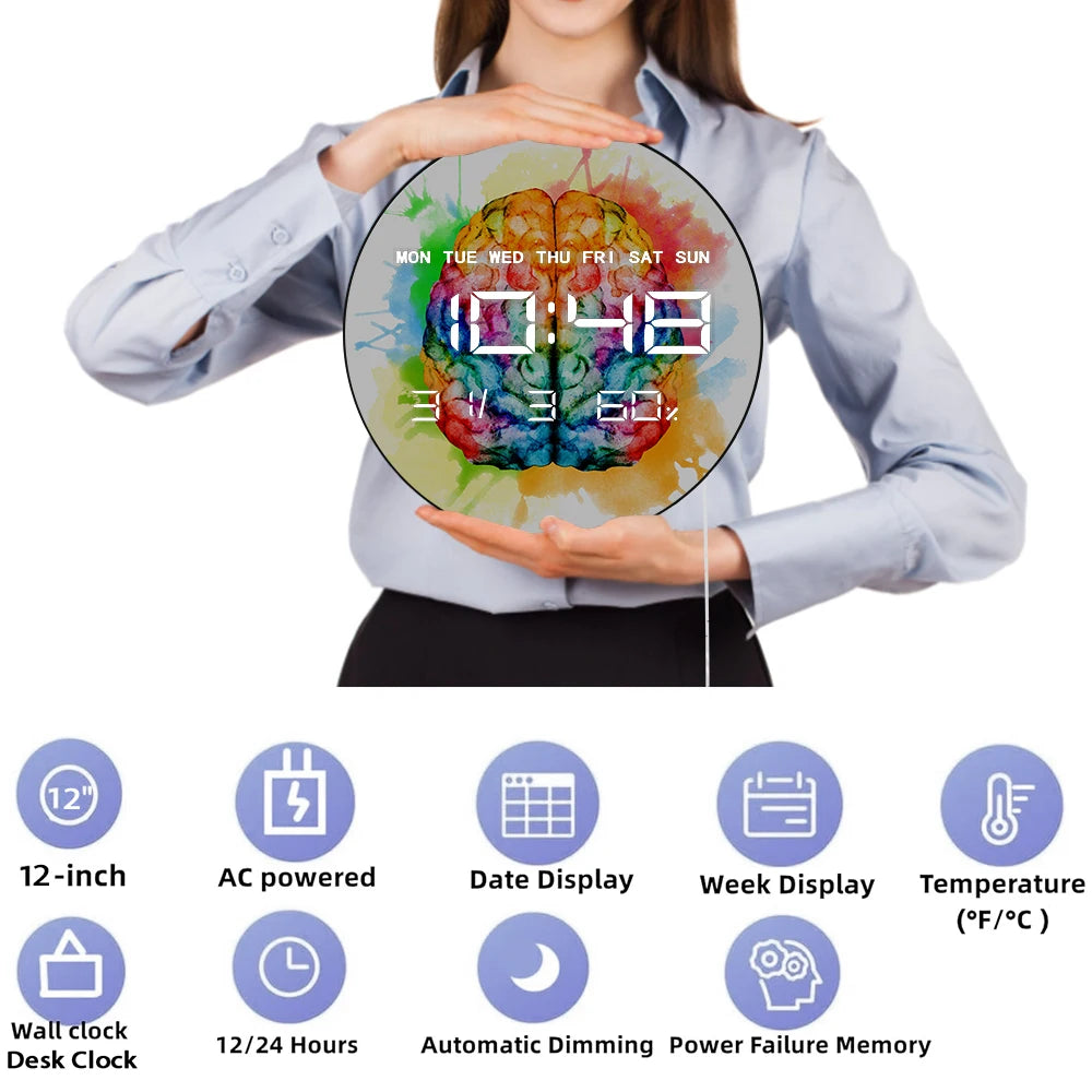 Spray Paint Watercolor Brain Modern Design Digital Wall Clock Large Time Display Electric Clock Neurologist Doctor Medical Gift