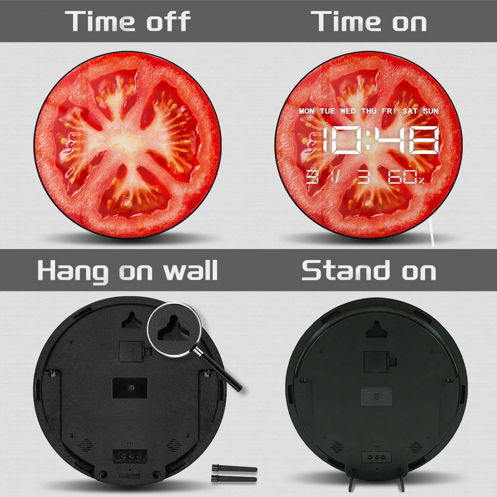 Tomato Slice Printed Kitchen Wall Clock With LED Large Numeric Display Vegetarian Foodie Art Home Decor Electronic Wall Clock