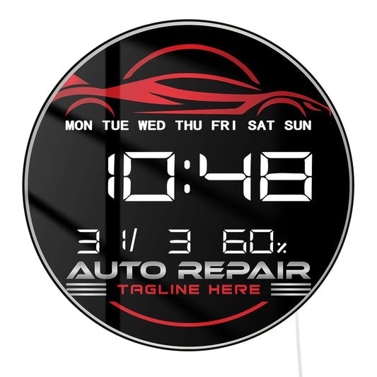 Auto Repair Car Service Garage LED Digital Wall Clock with Calendar Temperature Auto Dimming 12/24hr Format Electronic Clock