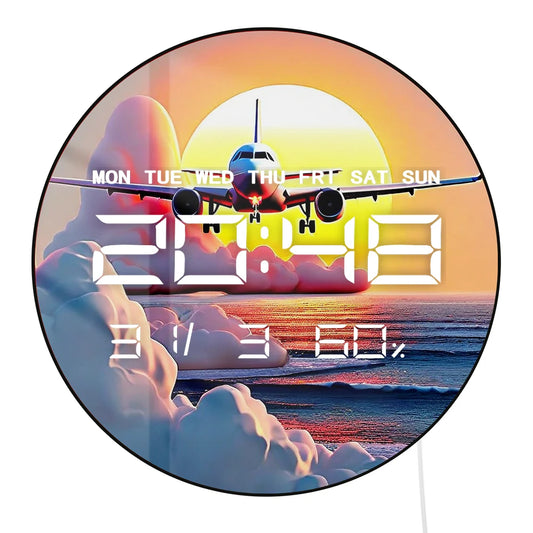 Airplane Take Off with Cloud at Sunset Auto Dimming LED Digital Wall Clock with Calendar Temperature 12/24hr Electric Wall Clock