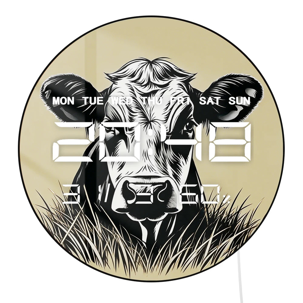 Cow Head Electronic Wall Clock for Farmhouse Animal Home Decor LED Digital Wall Clock with 12/24 Timer Calendar Date Temperature
