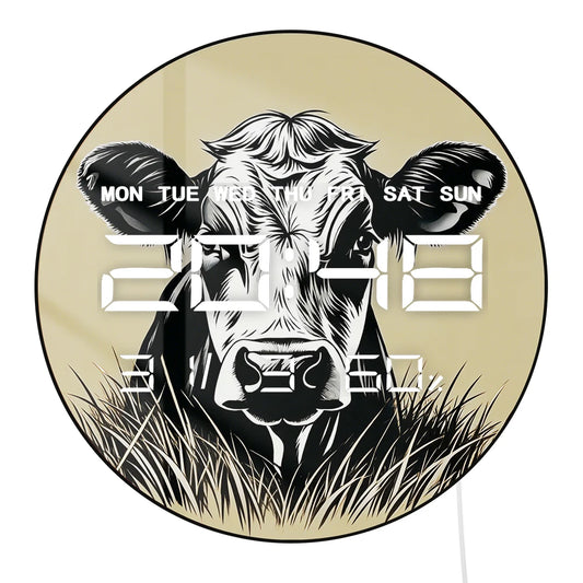 Cow Head Electronic Wall Clock for Farmhouse Animal Home Decor LED Digital Wall Clock with 12/24 Timer Calendar Date Temperature