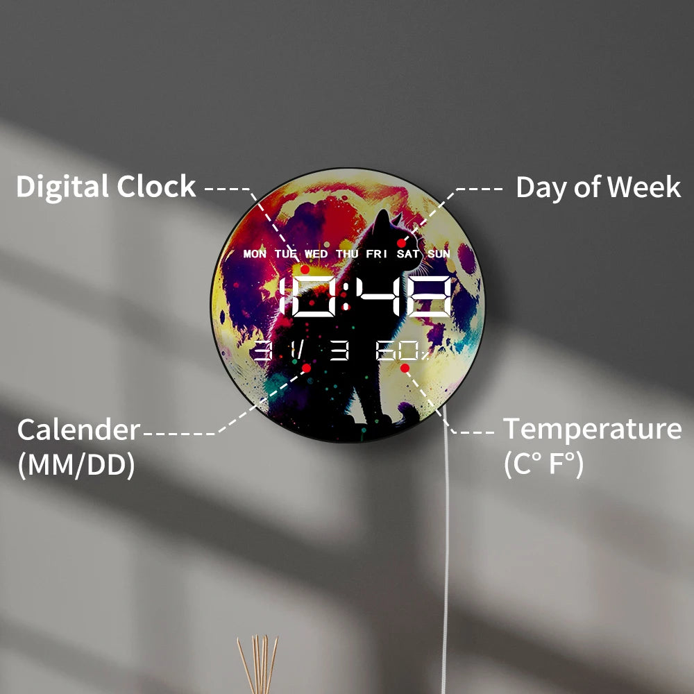 Black Cat Crescent Moon Digital Wall Clock Gothic Night Dark Fantasy Home Decor Multifunctional Timepieces Electronic Wall Clock