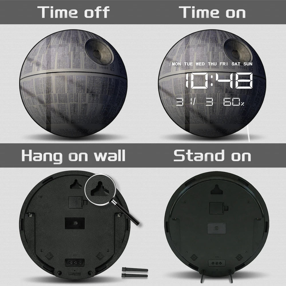 Death Star LED Digital Wall Clock Large Display for Living Room Sci-Fi Landscape Art Home Decor Timepieces Electronic Wall Clock