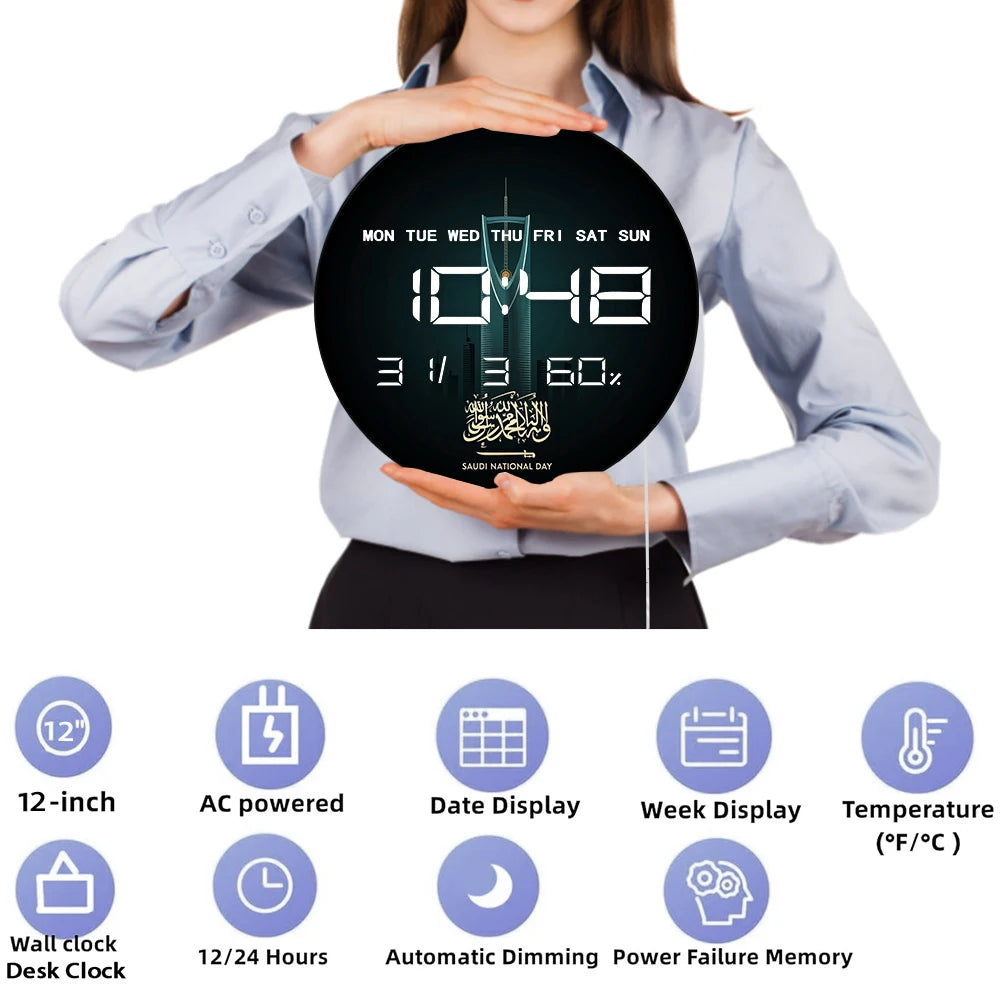 Saudi National Day Calligraphy LED Digital Wall Clock with Timer Date Temperature Display Saudi Skyscraper Electric Wall Clock