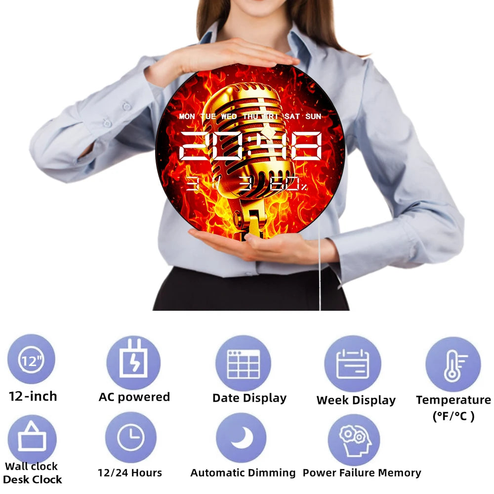 Microphone LED Auto Dimming Digital Wall Clock for Recording Studio Singer Home Decor 12/24hr Electric Wall Clock Podcaster Gift