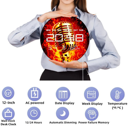 Microphone LED Auto Dimming Digital Wall Clock for Recording Studio Singer Home Decor 12/24hr Electric Wall Clock Podcaster Gift