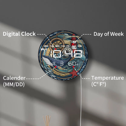 Nautical Whale LED Digital Clock Wall Desk Use Retro Maritime Artwork Multifunctional 12/24hour Format Electronic Wall Clock