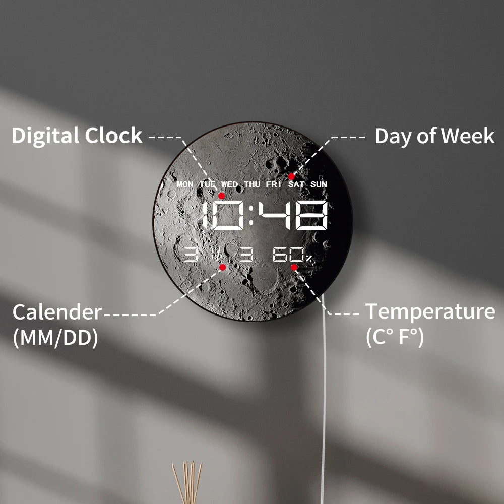 Moon Surface Planet LED Digital Wall Clock with Calendar Date Temperature Auto Dimming 12/24hour Format Electronic Wall Clock