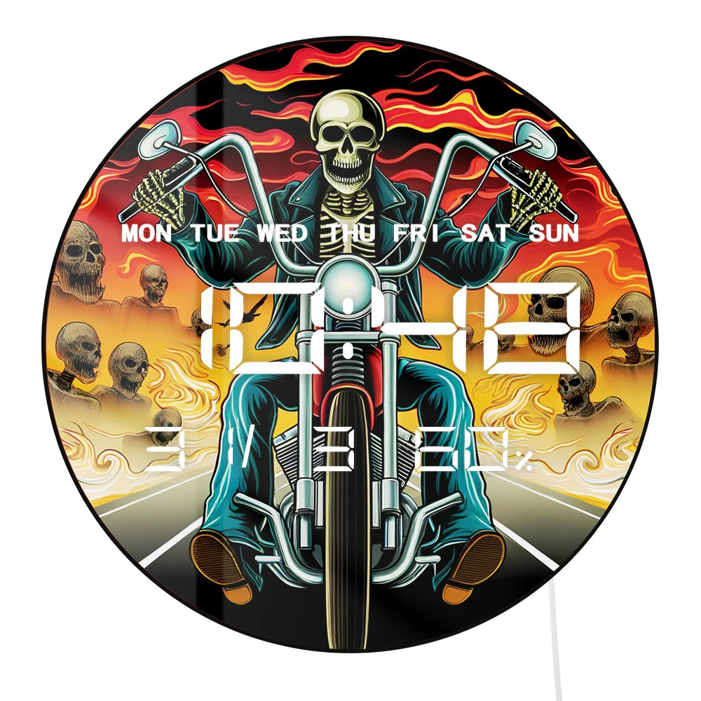 Motorcycle Rider Skull Biker Smart Dimming LED Digital Wall Clock 12/24hour Timer Electric Clock with Calendar Date Temperature