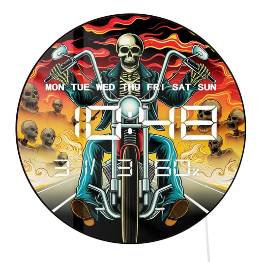 Motorcycle Rider Skull Biker Smart Dimming LED Digital Wall Clock 12/24hour Timer Electric Clock with Calendar Date Temperature