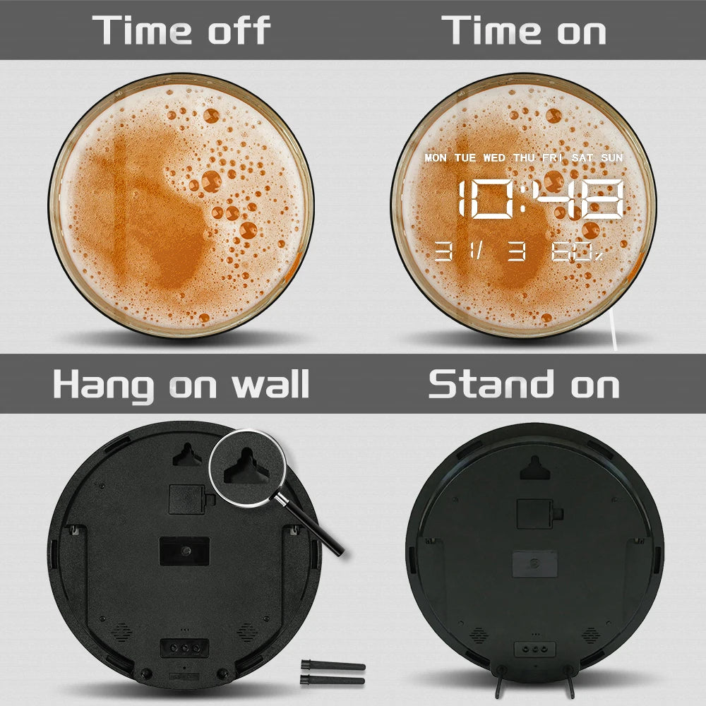 Wheat Beer Foam Top View LED Digital Wall Clock For Bar Pub Man Cave Decor Bubbles on Alcohol Drunk Mug Electronic Wall Clock