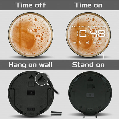 Wheat Beer Foam Top View LED Digital Wall Clock For Bar Pub Man Cave Decor Bubbles on Alcohol Drunk Mug Electronic Wall Clock