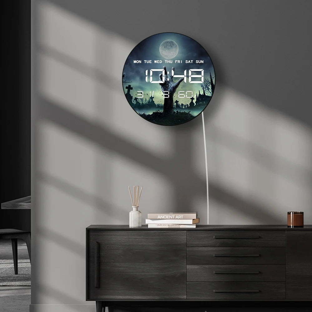 Zombie Hand Rising Out Of A Grave Horror Design Wall Clock with Timer Date Temperature Display Halloween LED Digital Wall Clock