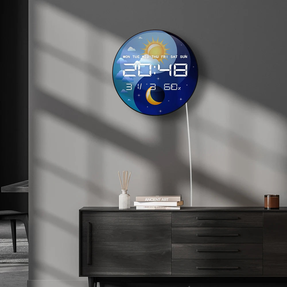 Day and Night Yin Yang Symbol12/24hour Electronic Wall Clock Spiritual Home Decor Timer Auto Brightness LED Digital Wall Clock