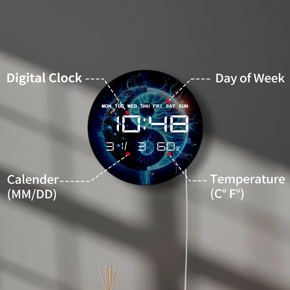 Blue Yin and Yang Sign LED Digital Wall Clock Chinese Philosophy Symbol Spiritual Home Large Number Display Electric Wall Clock